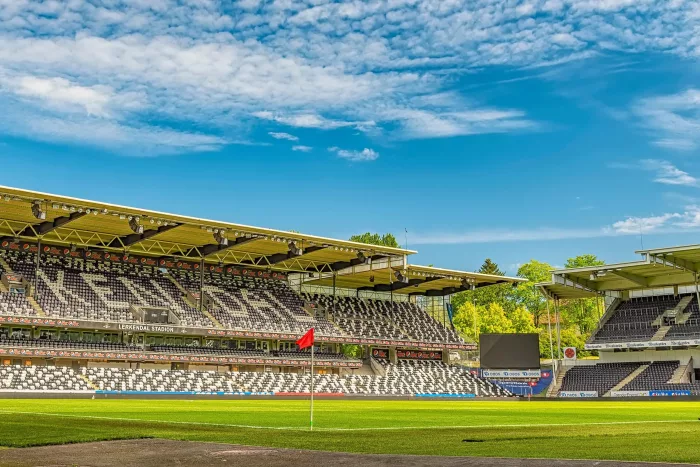 TRONDHEIM, NORWAY - JULY 18, 2019: The Lerkendal Stadion is an all-seater football stadium located at Lerkendal in Trondheim, Norway and the home to E Maratontabell Eliteserien