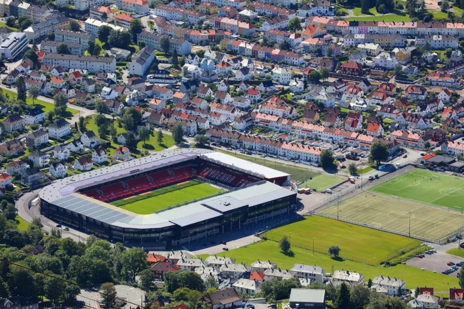 BERGEN, NORWAY - JULY 23, 2020: Brann Bergen football team stadium in Norway. Bergen is the 2nd largest city in Norway.