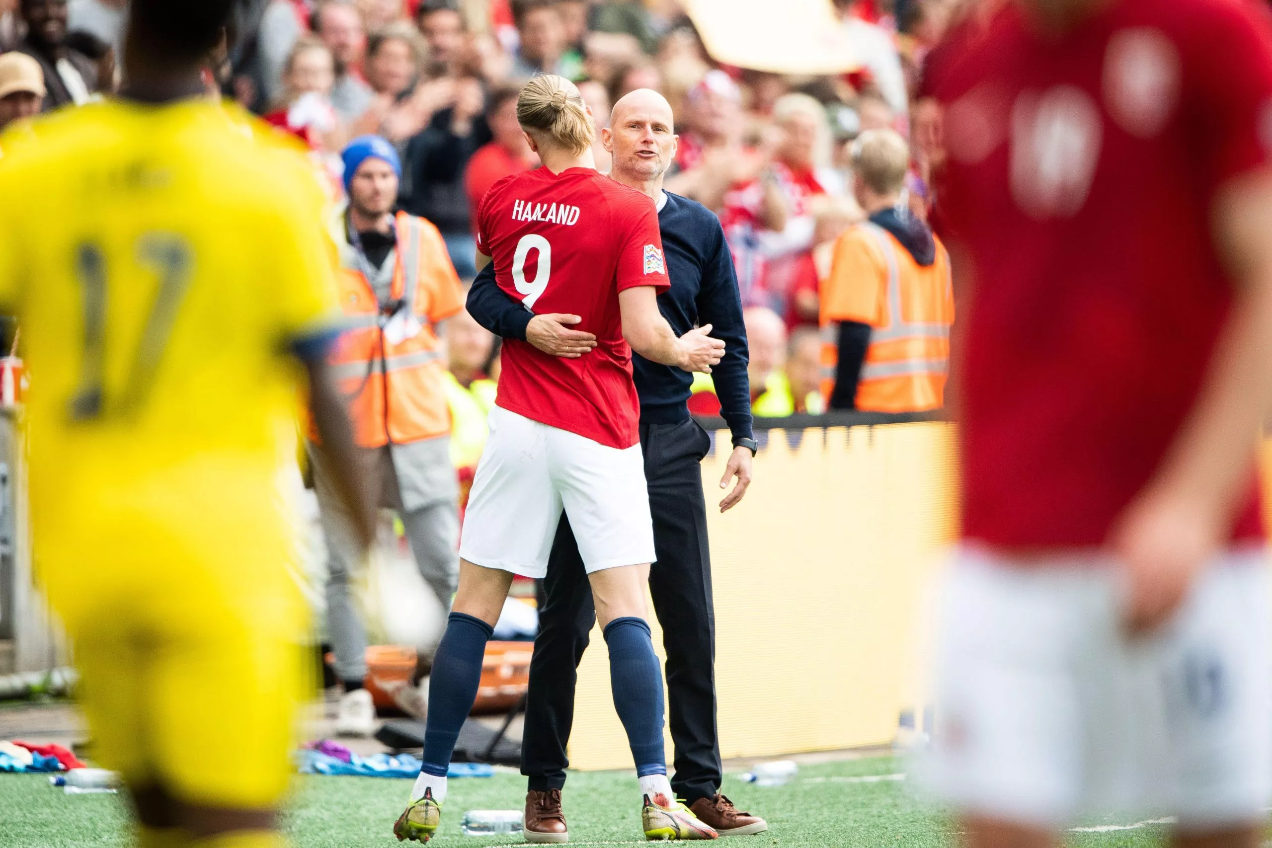Oslo, Norway. 12th June, 2022. Head coach Staale Solbakken of Norway hugs Erling Haaland after he has been substitured during the UEFA Nations League match between Norway and Sweden at Ullevaal Stadion in Oslo. (Photo Credit: Gonzales Photo/Alamy Live News