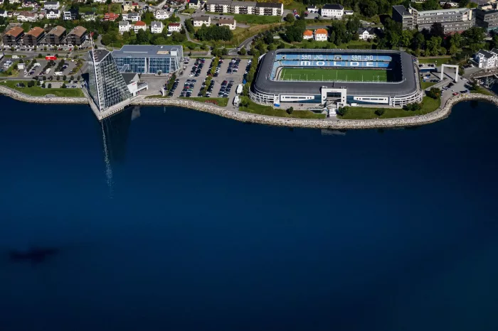 Illustration picture shows the Molde FK Aker Stadion seen from the airplane upon the arrival of Belgian soccer team KAA Gent in Molde airport, Norway, Wednesday 07 September 2022, for Tomorrow's game against Norwegian Molde SK on the opening day of the Ue