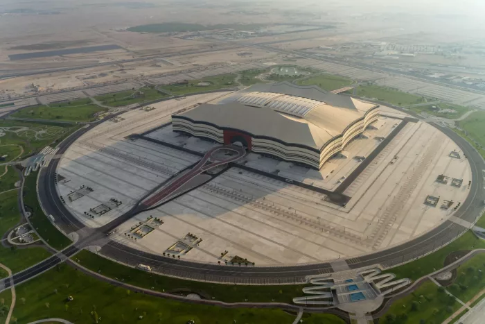 Aerial photograph of Al Bayt stadium, one of the eight venues that will hosts fixtures in the upcoming FIFA World Cup Qatar 2022 Al Khor city, Qatar,
