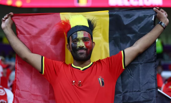 Al Rayyan, Qatar, 23rd November 2022. Belgium fan in fancy dress during the FIFA World Cup 2022 match at Ahmad bin Ali Stadium, Al Rayyan. Picture credit should read: David Klein / Sportimage