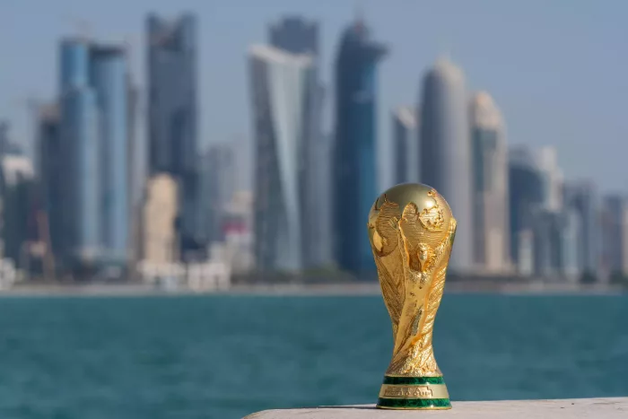 FIFA World Cup Trophy on the Doha corniche, Qatar.