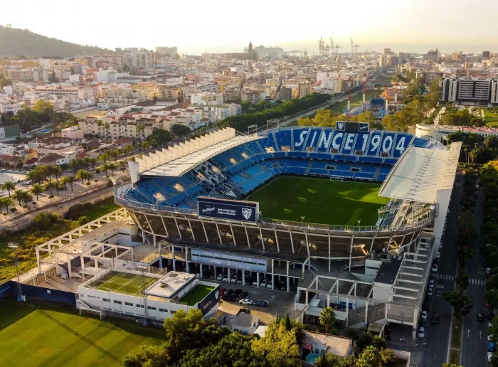 Aerial view of La Rosaleda Stadium, home of Malaga CF.