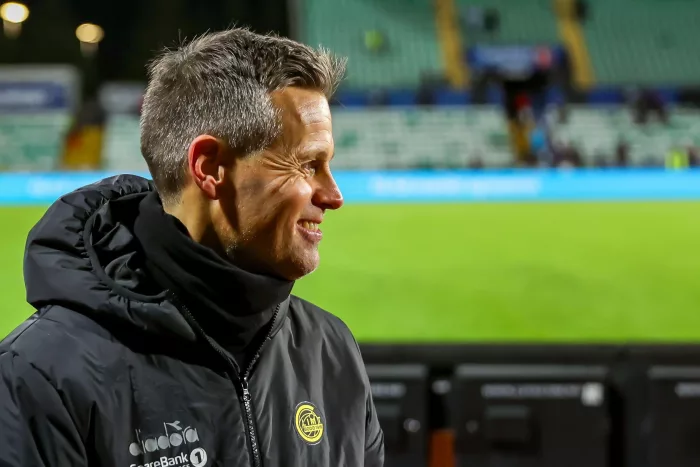 Baerum, Norway, 5th November 2023. Bodo/Glimt's manager Kjetil Knutsen smiles after their title winning win in the Eliteserien match between Stabaek and Bodo/Glimt at Nadderud Arena in Baerum. Credit: Frode Arnesen/Alamy Live News